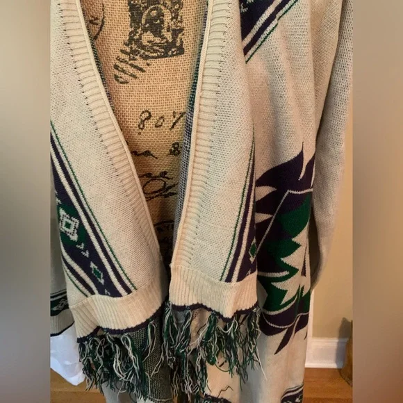 Bo Bel Beige with Dark Green and Purple Fringe Cardigan Sweeter NWT - Picture 2 of 12